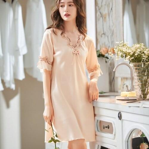 101 Plus Size Sleep Dress Women Underwear Lingerie Indoor Nightgown Short Lace V-Neck Sexy Nightdress Silk Sleeping Home Nighty
