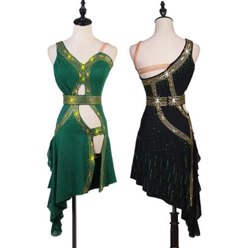 Sexy Latin Dance Dress Women Tango Salsa Samba Cha Cha Rumba Competition Green Dresses Rhinestone Performance Outfit DC4223