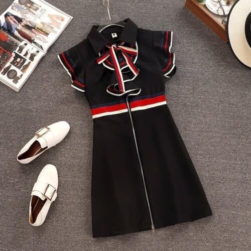 New 2020 Spring Runway Designer Women Retro Butterfly Sleeveless Bow Tie Collar Ruffles Weave Striped Zipper Up Mini Dress