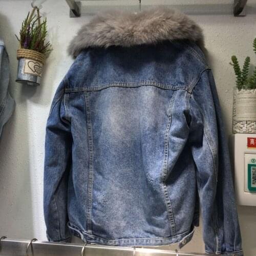 Winter Loose Rabbit Fur Liner Denim Jacket Women Streetwear Brand Casual Fur Collar Thick Warm Coat Single Breasted Outerwear