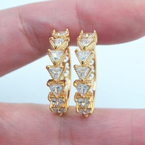 Gold Color Women Fashion White Cubic Zirconia CZ Triangle Huggie Hoop Earrings Jewelry