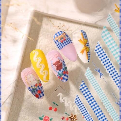 1 Sheet Color Striped Plaid Bowknot Lace 3D Adhesive Nail Art Sticker 5D Soft Embossed Reliefs Nail Decorations Decals Wholesale