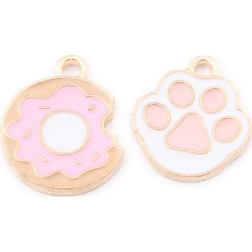 10Pcs 15*19MM Sweet Cute Pink Donuts Cat Paw Metal Pendant Charms For DIY Making Earrings Bracelet Jewelry Supplies