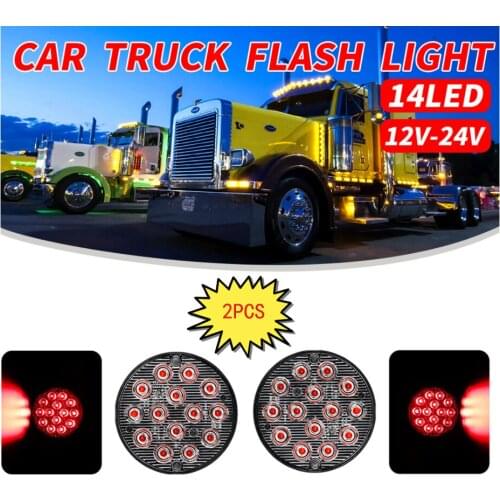 2PCS Red 12V 24V Ultra-Thin Round 14 LED Rear Light Taillight Waterproof Side Warning Strobe Light For Truck Trailer Motorcycle