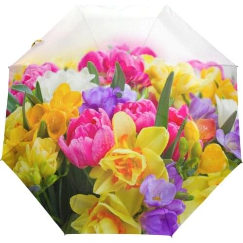 Bright-colored Flowers Printed Automatic Umbrella Anti-UV fully automatic umbrella men three folding umbrella business windproof