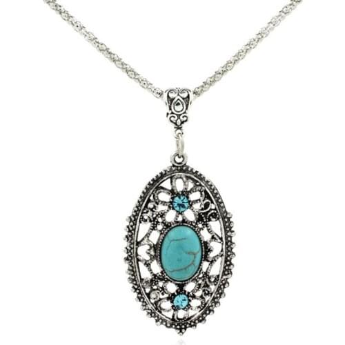FYJS Unique Silver Plated Oval Shape Hollow Green Turquoises Stone Pendant Necklace Vintage Jewelry