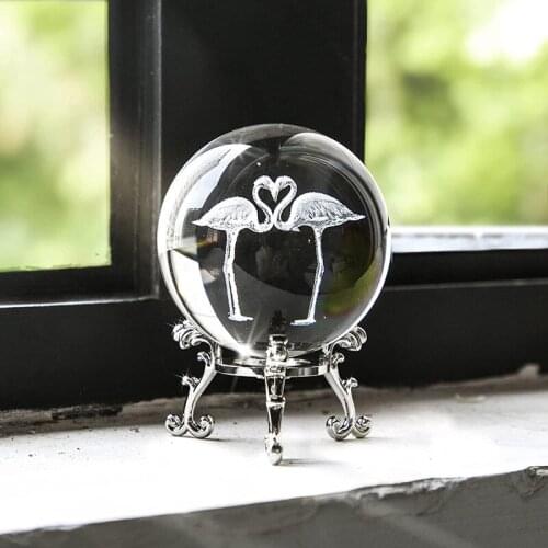 H&D 3D Flamingo Crystal Ball Art Glass Paperweight Laser Engraved Full Sphere Figurines Home Art Decor Crafts Gift (Clear,60mm)