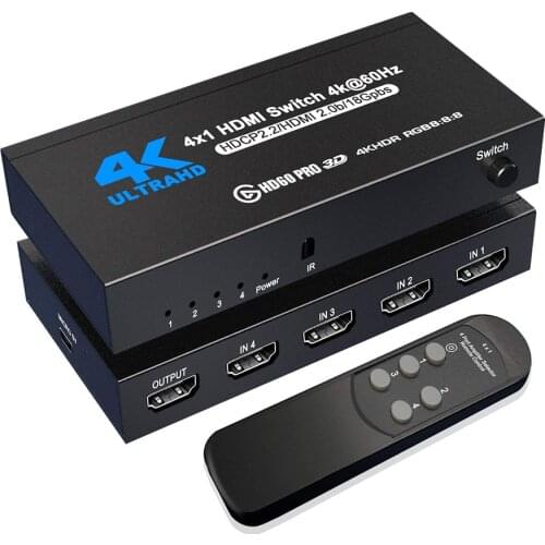 HDMI Switch 4K@60Hz 4 Port HDMI 2.0 Switcher Selector 4 in 1 Out with IR Remote Control Supports 4K HDR10 HDCP 2.2 for PS4 Xbox