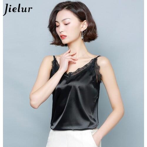 Jielur V-neck Lace Tank Top Patchwork Black Camis Backless Sexy Femme Basic Chic Women Tops Solid Color Summer Vest Camisole