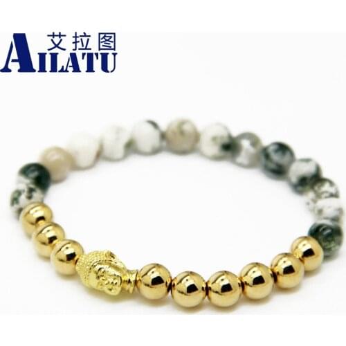 Ailatu Beautiful Color Keeping Bronze Bead Natural Tree Grain Stone Buddha Yoga Bracelet