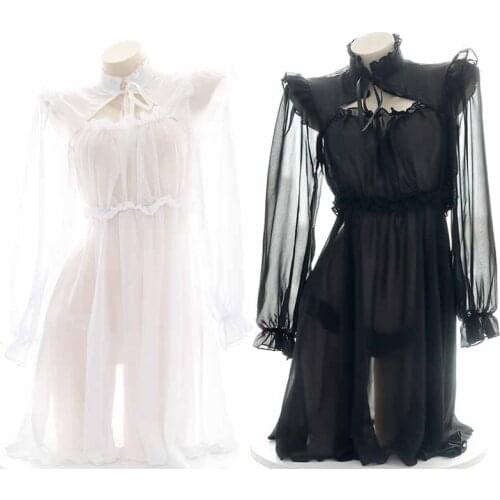 Fashion French Women Chiffon Nightdress Set Sexy Semi-transparent Pajamas Lolita Girls Long Sleeve Homewear Maid Outfit