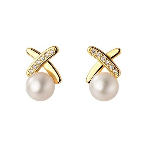 18k gold Authentic real. 925 Sterling Silver fine Jewelry Freshwater Pearl Cross "X" CZ set Stud Earrings C-G8965