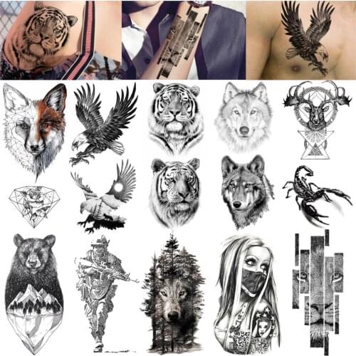 Tiger Temporary Tattoos Animals Body Armband Soldier Fake Tattoo Stickers Scorpion Wolf Deer Elk Eagle Bear Forearm Tatoo Decals