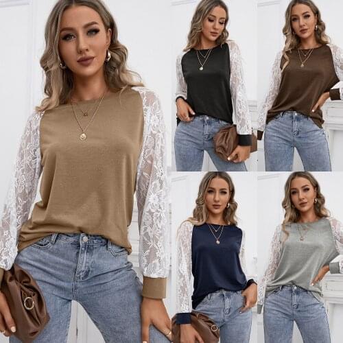 2021 Autumn and Winter Newest Multi Colors Womens Hollow Lace Decor Stitching Long-sleeved Round Neck T-shirt Women