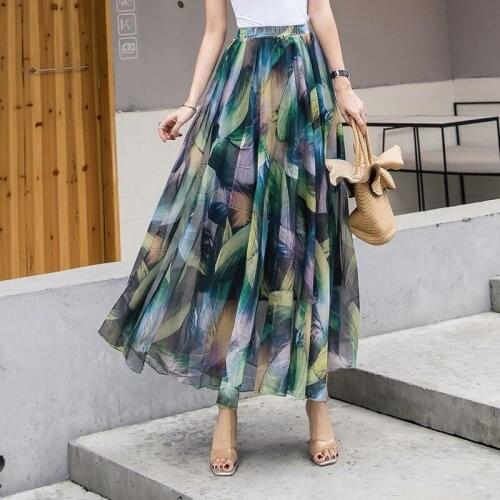 2019 Summer Woman Chiffon Long Skirt Korean Edition Elastic High Waist Floral Print Maxi Skirt Bohemian Style Beach Boho Skirt