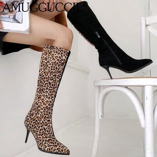 2020 New Plus Big Size 32-48 Red Yellow Leopard Zip Fashion Sexy Knee High Heel Autumn Winter Lady Female Women Boots X1898