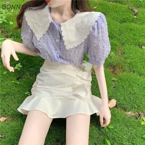Two Piece Women Sets Purple Femme Shirts Peter Pan Collar Girls Solid Ruffle Skirts Korean Style Chic Trendy Elegant Tender Ins