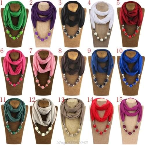 Womens Fashion Neckerchief Ring Scarf Necklaces Beads Solid Color Jewelry Shawl S01 20 Dropship