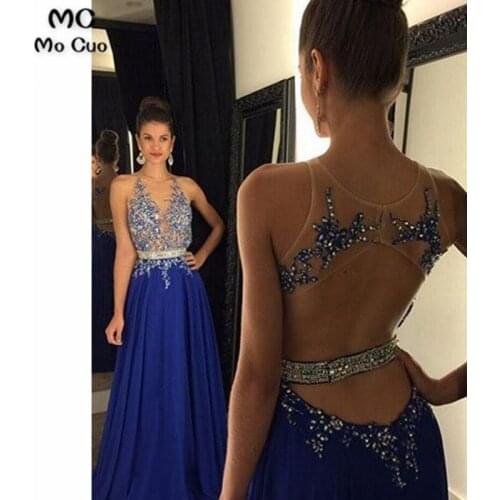 2019 Illusion Backless Evening Dresses Prom Gown Long with Crystals Beaded Chiffon Vestido Longo Evening Party Dress for Women