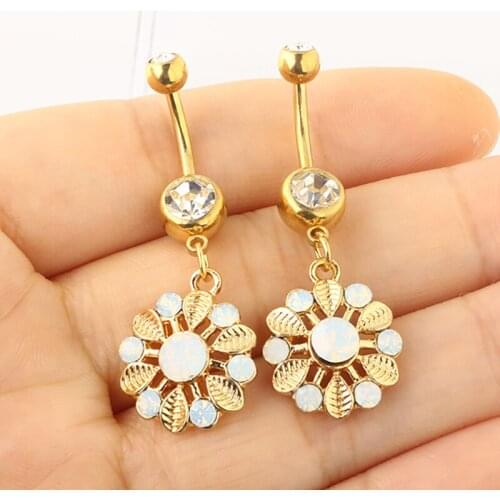 Womens Gold Piercing Navel Gold 14G surgical steel Crystal Flower Dangle Navel Belly Button Ring Body Piercing Jewelry