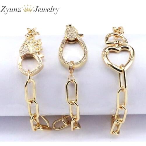 5PCS, Gold Color Lock Clasp Chain Bracelet Girl Heart Charm Bracelets 2020 CZ Lobster Jewerly DIY Chunky Bracelet with Charm