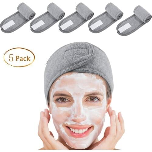 5 PCs Spa Facial Headband Make Up Wrap Head Terry Cloth Headband Stretch Towel with Magic Tape