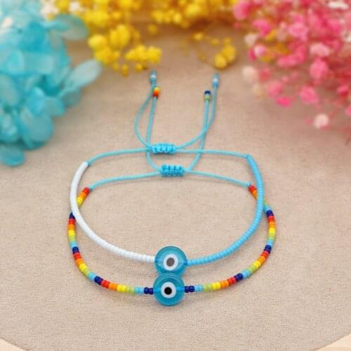 Go2Boho 2pcs Evil Eye Bracelet Rainbow Beads Tiny Beaded Thin Bracelets For Women Simple Jewellery Adjustable String Pulseras
