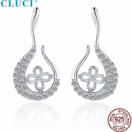 CLUCI Real 925 Sterling Silver CZ Pearl WaterDrop Stud Earrings Mountings for Women Party Wedding Pearl Jewelry SE168SB