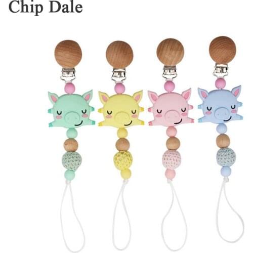 Chip Dale Wooden Clip Pacifier Holder For Nipples Infant Baby Teething Animal Leash Strap Cute Pig Silicone Beads Clip Chain