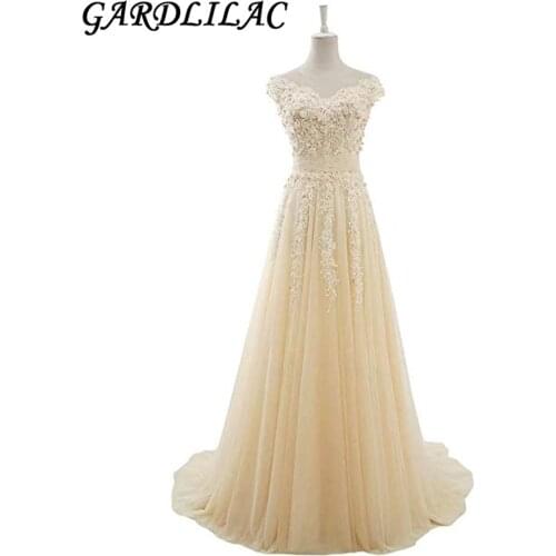 Gardlilac Tulle A-Line Long Bridesmaid Dress Applique Cap Sleeve Wedding Party Dress V-neck Prom Dresses for Wedding