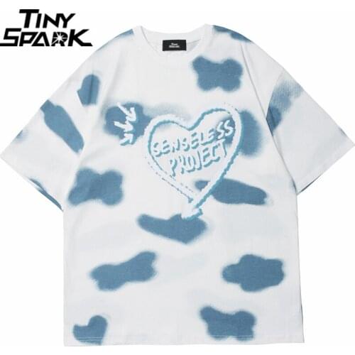 2021 Men Hip Hop Tshirt Streetwear Blue Cloud Heart Letter Printed T-shirt Harajuku Cotton Short Sleeve Tops Tees Loose T Shirt