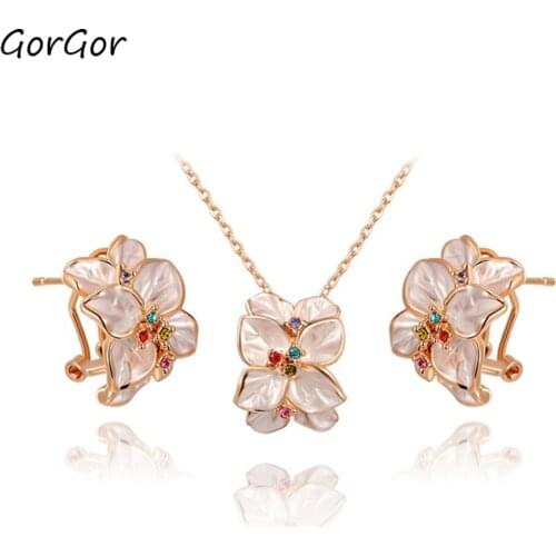 GorGor Jewelry Sets Women Alloy Material Pattern White Petals Pendant Colorful Crystal Exquisite Engagement Jewelry 2070022780S