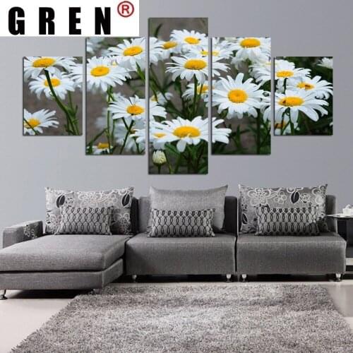 GREN 5 Pcs Canvas Painting Flower Modular HD Printed White Daisy Posters Print Wall Picture for Living Room Home Decor