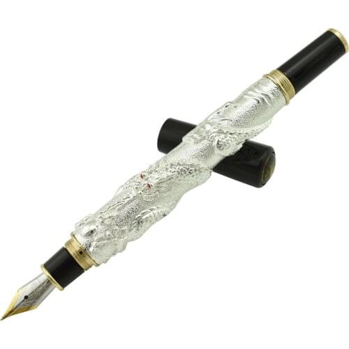 Jinhao Metal Vintage Fountain Pen, Oriental Dragon Series Heavy Pen Iridium Fine Nib Silver Noble Collection Gift Pen