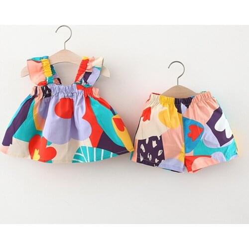 Summer Girls 2pcs Princess Clothes Set Infants Baby Kids Children Spaghetti Printed Dresses Tops+Short Pant Casual Outfit S12636