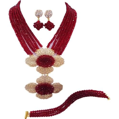 Fashion Wine Multi Strands Statement Necklace Nigerian Wedding African Beads Jewelry Set Crystal 5-LDH19