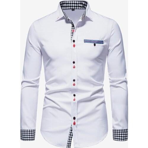 Mens White Slim Fit Hit Color Button Up Shirts Hipster Plaid Long Sleeve Dress Shirt Men Formal Business Casual Chemise Homme