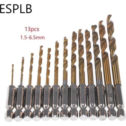 13pcs/Set 1.5-6.5mm 1/4 Hex Shank HSS High Speed Steel Titanium Coated Drill Bit Set