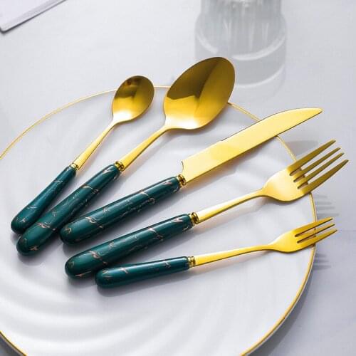 Gold Tableware Set Ceramic Handle Fork Spoon Knife Set Stainless Steel Cutlery Set Dishwasher Safe Dinnerware Dinner Sets 5pcs