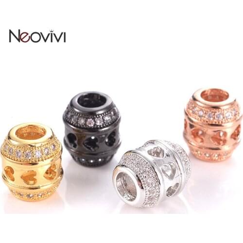 Neovivi Round Beads Pave White Zircon Copper Love Heart Bead for Jewelry Making Bracelets Connector Necklaces Handmade Craft