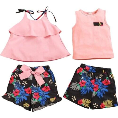 New Brother and Sister Vest Set Sleeveless Solid Color Top and Flower Print Short Pants 2-piece Baby Clothing Set Costume