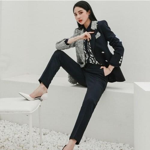 ZAWFL 2020 Autumn Lady Office Formal Two Piece Set Women Suit Double Breated Tweed Patchwork Blazer Slim Flare Pants Set