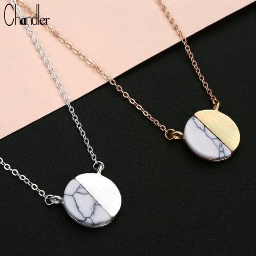 Chandler Gold Color Framed White Marble Circle Pendant Necklace Disc Round Personnality Bridesmaid Gift Simple Modern Colier