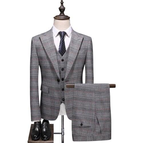 Jacket + Vest + Pants ) Boutique Fashion Mens Plaid Casual Business Suit High-end Social Formal Suit 3 Pcs Set Groom Wedding