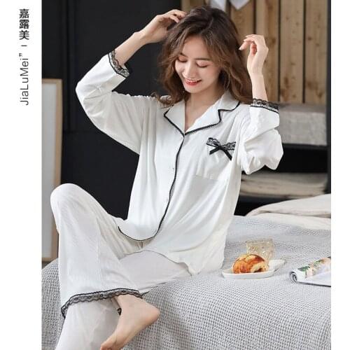 Spring Summer 2021 New Modal Small Fragrance Womens Pajamas Set Thread Long Sleeve Lapel Cardigan Housewear Sleepwear