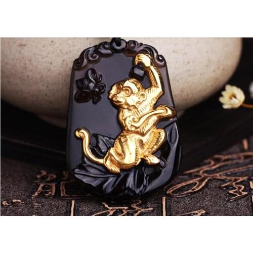 Natural ice Obsidian Monkey Pendant Necklace Pendant twelve men women Zodiac Monkey Pendant Gold Pendant