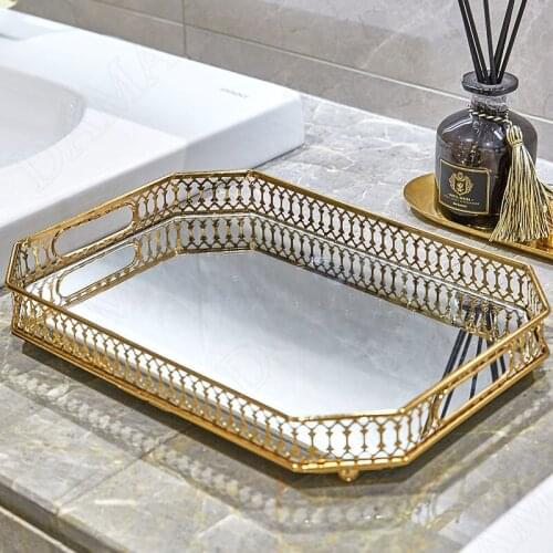 Gold-plated Frame Glass Tray Fruit Mirror Party Trays Jewelry Cosmetic Plate Kitchen Tableware Pantry Organizer Home Decoration