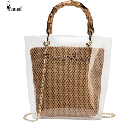 FUNMARDI Transparent Jelly Bags For Women 2021 Summer New Straw Bucket Shoulder Bags Lady Chain Crossbody Bag Tote Bags WLHB2359
