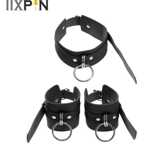 Sexy Harajuku PU Leather Round Spike Collar Choker Necklace Adjustable Rivets O-ring Handcuffs Cosplay Costume Body Accessories