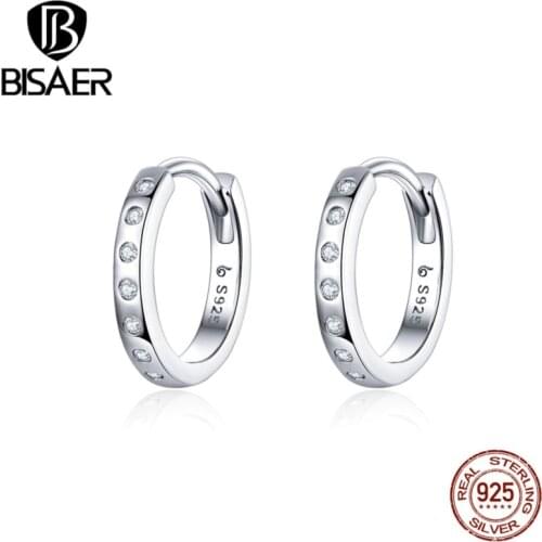 BISAER Authentic 925 Sterling Silver Simple Round Circle Women Earrings Crystal Zircon Stud Earrings Wedding Jewelry EFE101